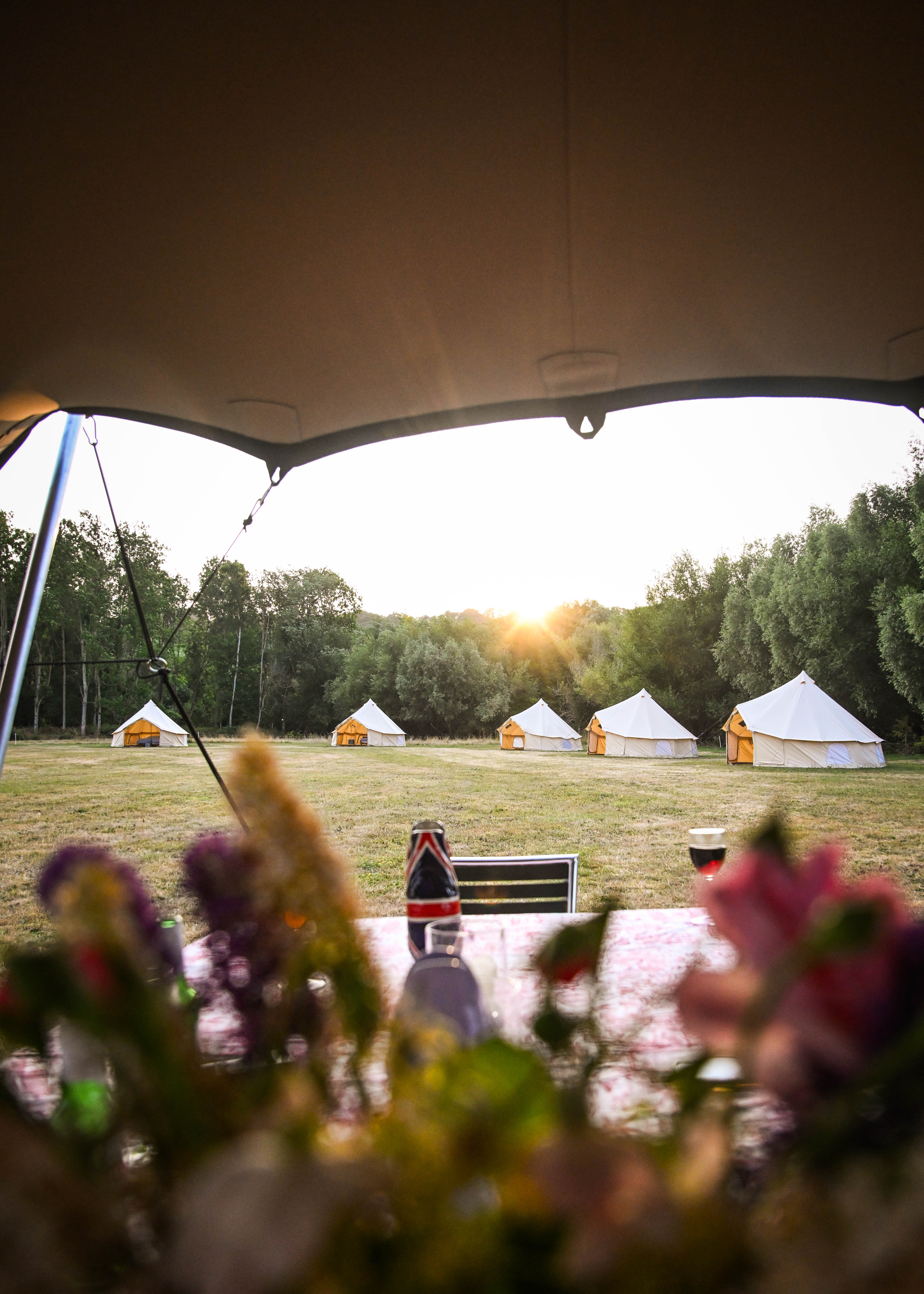 View from the stretch tent looking out across the bell tent meadow at golden hour